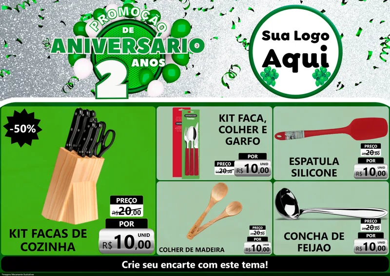 Modelo de Encarte para Encarte A4 Horizontal com o tema Promoção de Aniversário - 2 Anos para Utilidades Domésticas