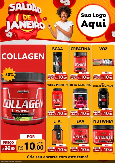 Modelo de Encarte para Encarte A4 Vertical com o tema Saldão de Janeiro para Suplementos alimentares