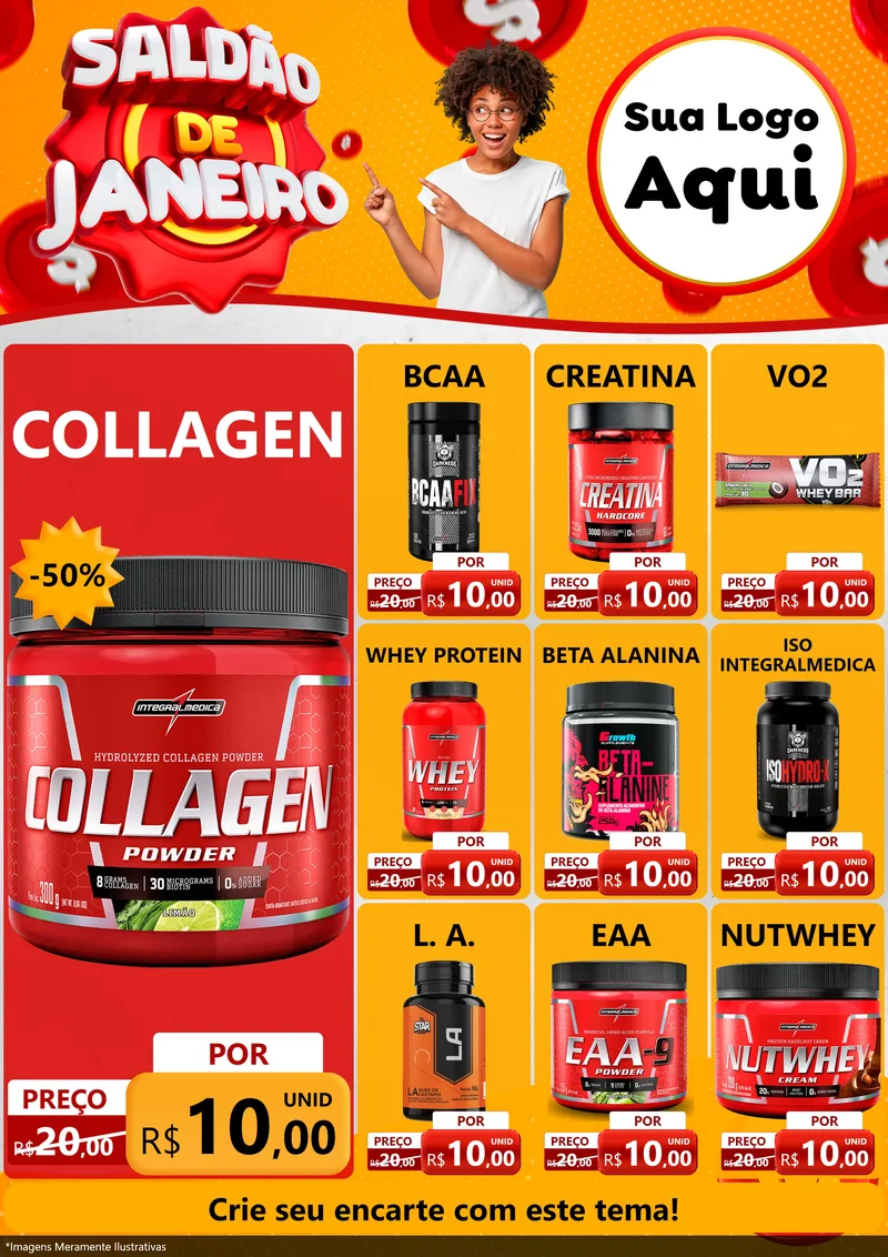 Modelo de Encarte para Encarte A4 Vertical com o tema Saldão de Janeiro para Suplementos alimentares