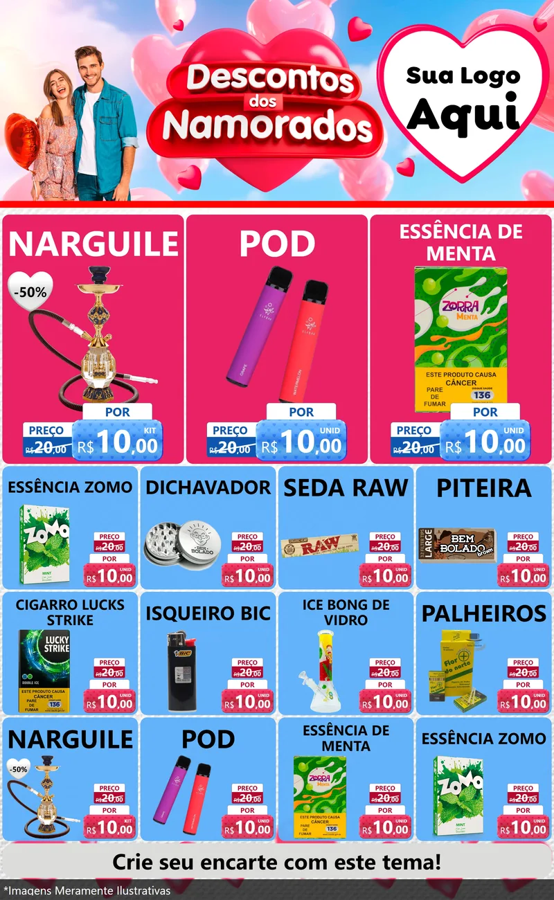 Modelo de Encarte para Encarte Grande com o tema Descontos dos Namorados para Tabacaria