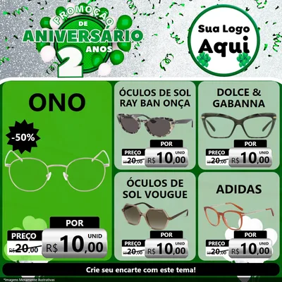 Modelo de Rede Social para Feed Facebook com o tema Promoção de Aniversário - 2 Anos para Óticas