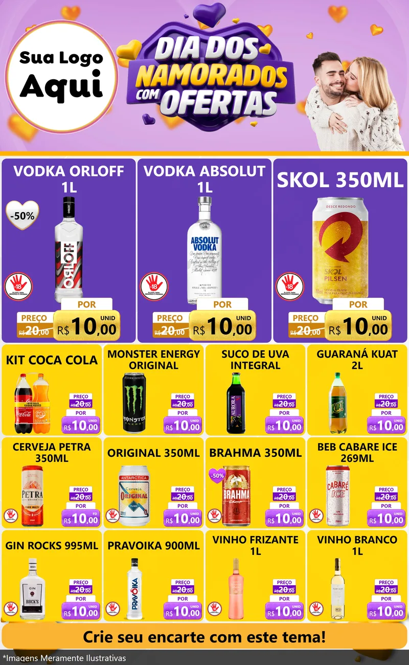 Modelo de Encarte para Encarte Grande com o tema Dia Dos Namorados Com Ofertas para Distribuidora de bebidas