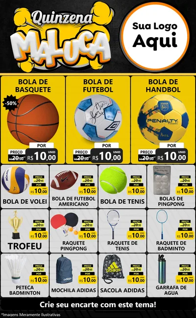 Modelo de Encarte para Encarte Grande com o tema Quinzena Maluca para Artigos Esportivos