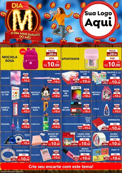 Modelo de Encarte para Encarte A4 Vertical com o tema Dia M - O Dia Mais Barato Do Mês para Papelaria
