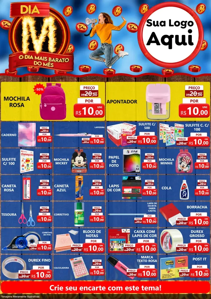 Modelo de Encarte para Encarte A4 Vertical com o tema Dia M - O Dia Mais Barato Do Mês para Papelaria