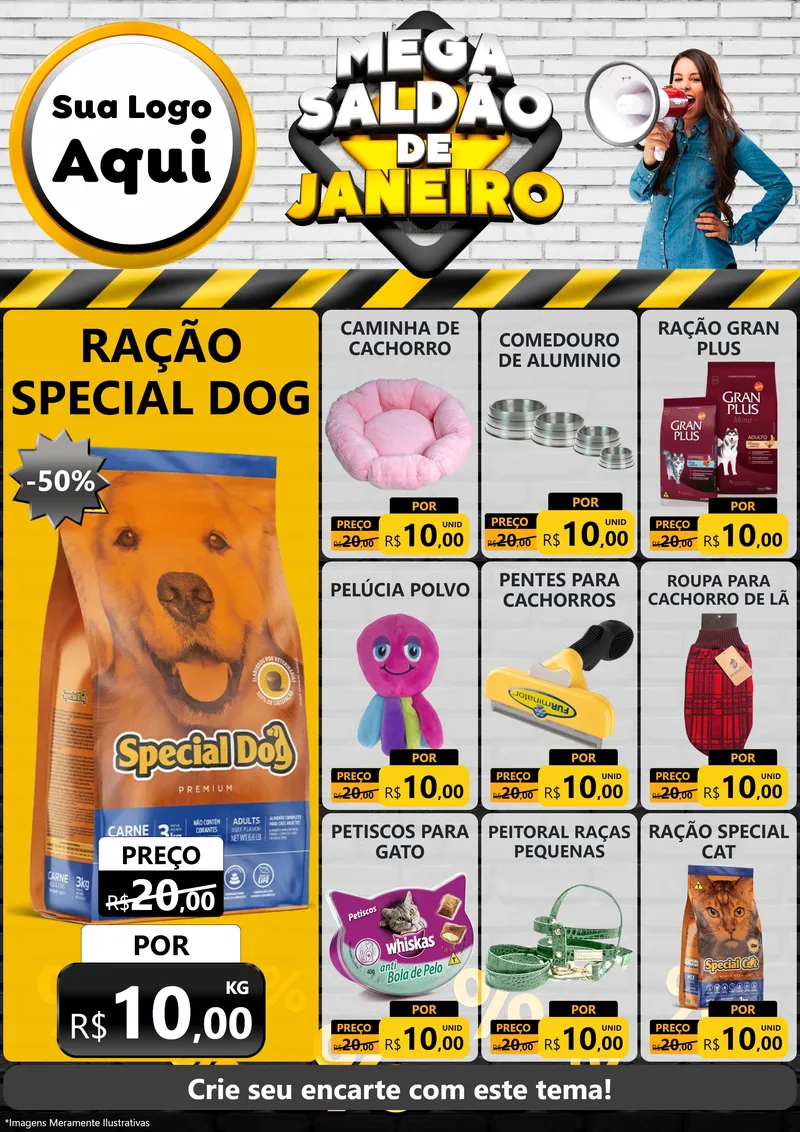 Modelo de Encarte para Encarte A4 Vertical com o tema Mega Saldão de Janeiro para Pet Shop