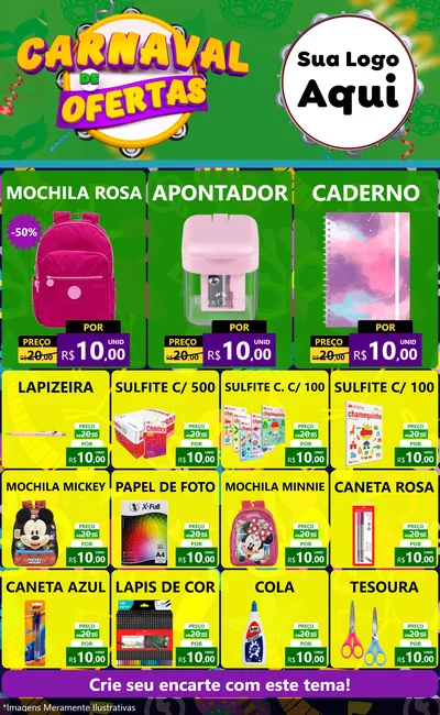Modelo de Encarte para Encarte Grande com o tema Carnaval de Ofertas para Papelaria