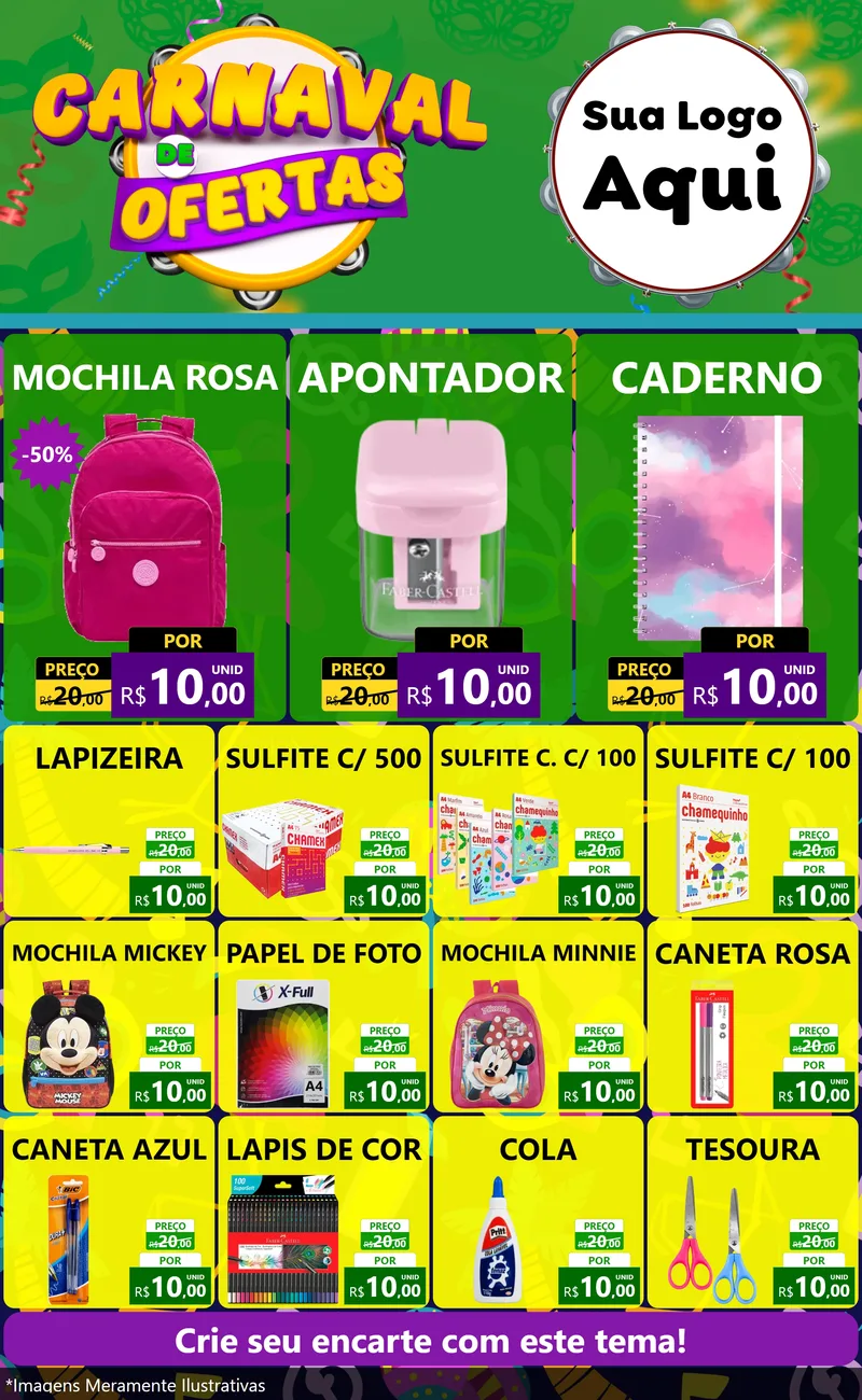 Modelo de Encarte para Encarte Grande com o tema Carnaval de Ofertas para Papelaria