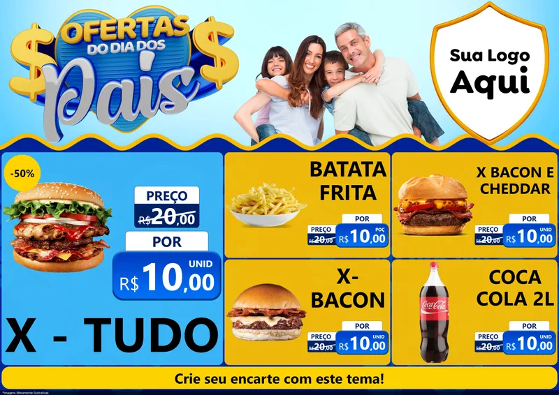 Modelo de Encarte para Encarte A4 Horizontal com o tema Ofertas do Dia dos Pais para Hamburgueria