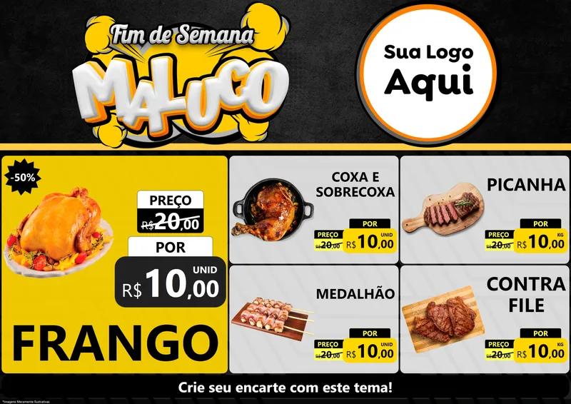 Modelo de Encarte para Encarte A4 Horizontal com o tema Fim de Semana Maluco para Assados