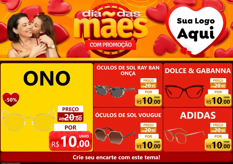 Modelo de Encarte para Encarte A4 Horizontal com o tema Dia das Mães com Promoção para Óticas