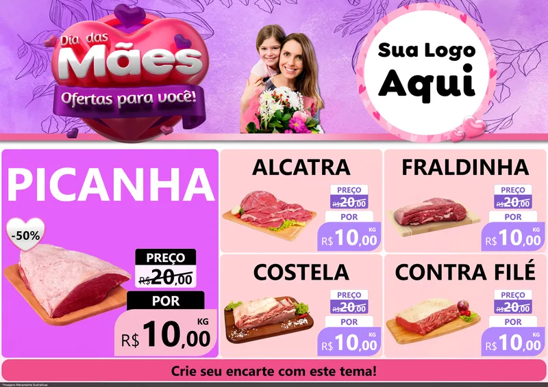 Modelo de Encarte para Encarte A4 Horizontal com o tema Dia das Mães Ofertas para Você! para Açougue