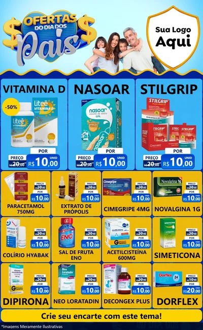 Modelo de Encarte para Encarte Grande com o tema Ofertas do Dia dos Pais para Farmácia