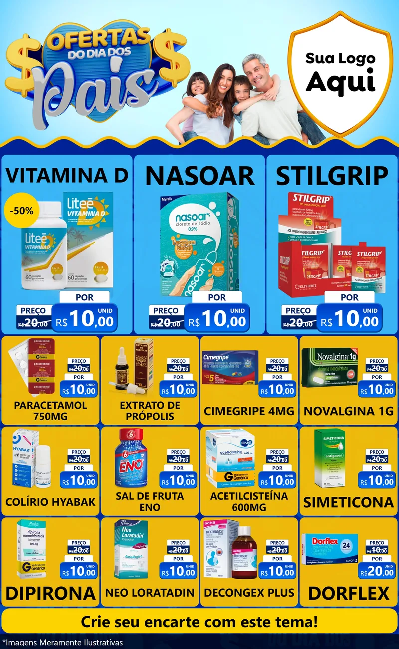 Modelo de Encarte para Encarte Grande com o tema Ofertas do Dia dos Pais para Farmácia