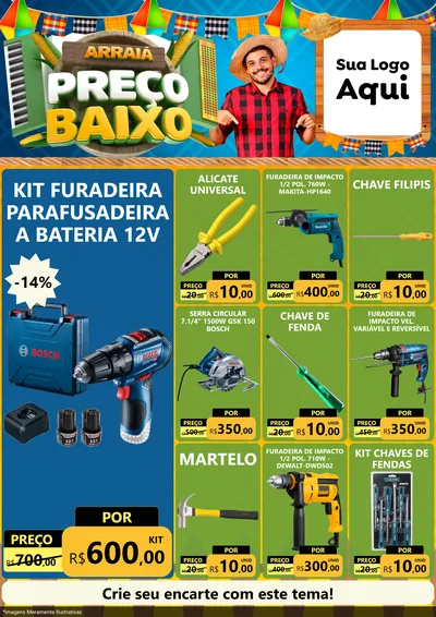 Modelo de Encarte para Encarte A4 Vertical com o tema Arraiá de Preço Baixo - Junina para Maquinas e Ferramentas