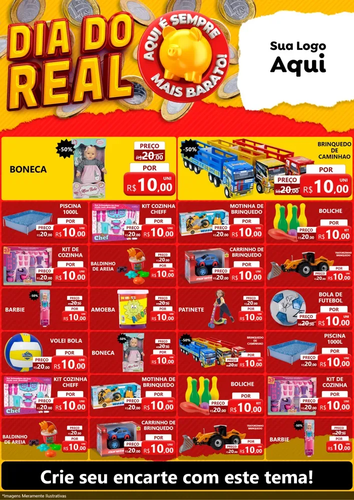 Modelo de Encarte para Encarte A4 Vertical com o tema Dia Do Real para Brinquedos