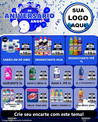 Modelo de Rede Social para Feed Instagram com o tema Promoção de Aniversário - 9 Anos para Produtos de Limpeza