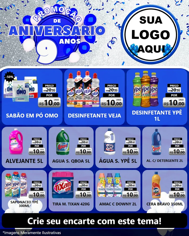 Modelo de Rede Social para Feed Instagram com o tema Promoção de Aniversário - 9 Anos para Produtos de Limpeza