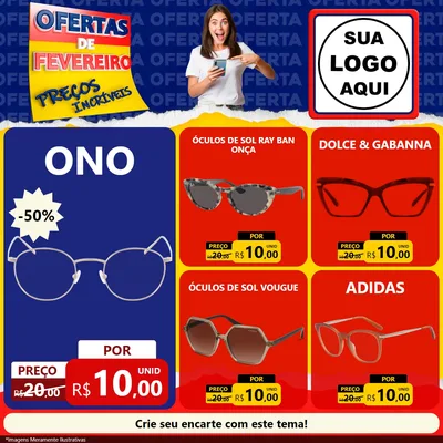 Modelo de Rede Social para Feed Facebook com o tema Ofertas de Fevereiro - Preços Incríveis para Óticas