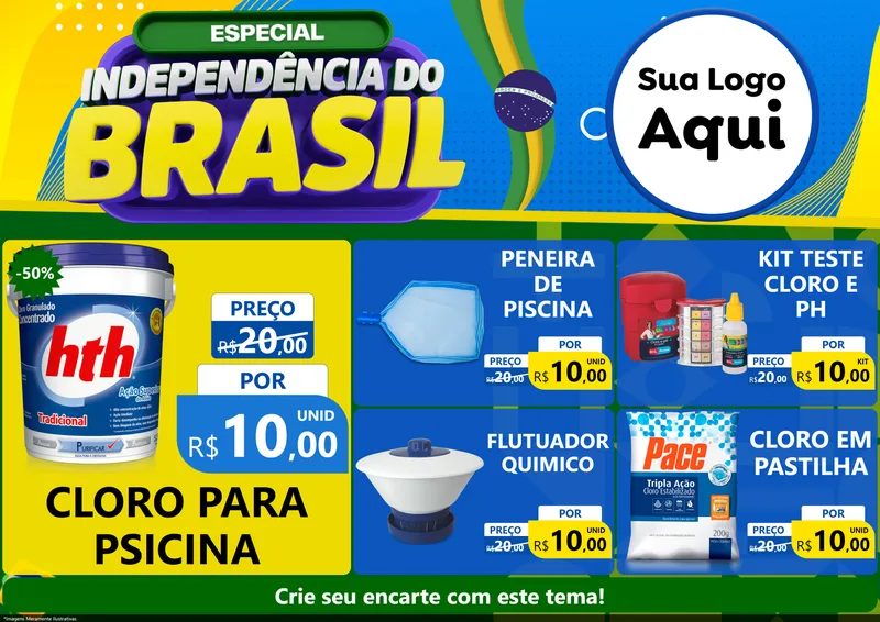 Modelo de Encarte para Encarte A4 Horizontal com o tema Especial Independência do Brasil para Produtos para Piscina