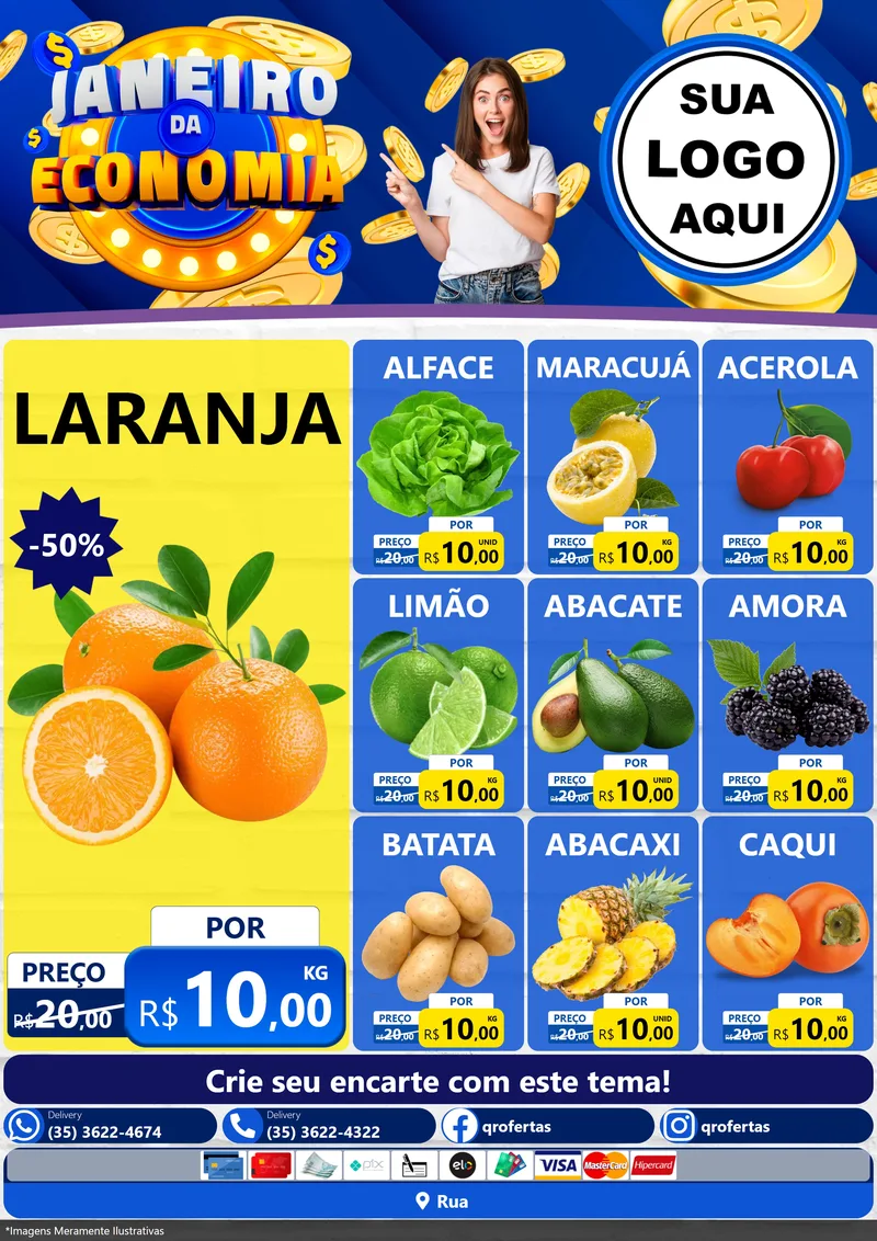 Modelo de Encarte para Encarte A4 Vertical com o tema Janeiro da Economia para Hortifrúti