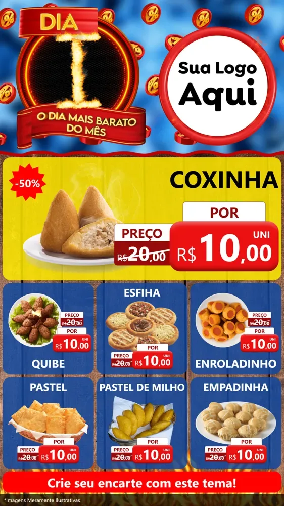 Modelo de Rede Social para Stories com o tema Dia I - O Dia Mais Barato Do Mês para Salgadaria