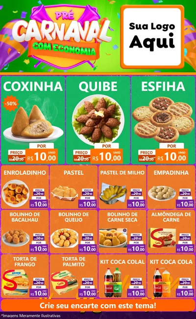 Modelo de Encarte para Encarte Grande com o tema Pré-Carnaval Com Economia para Salgadaria