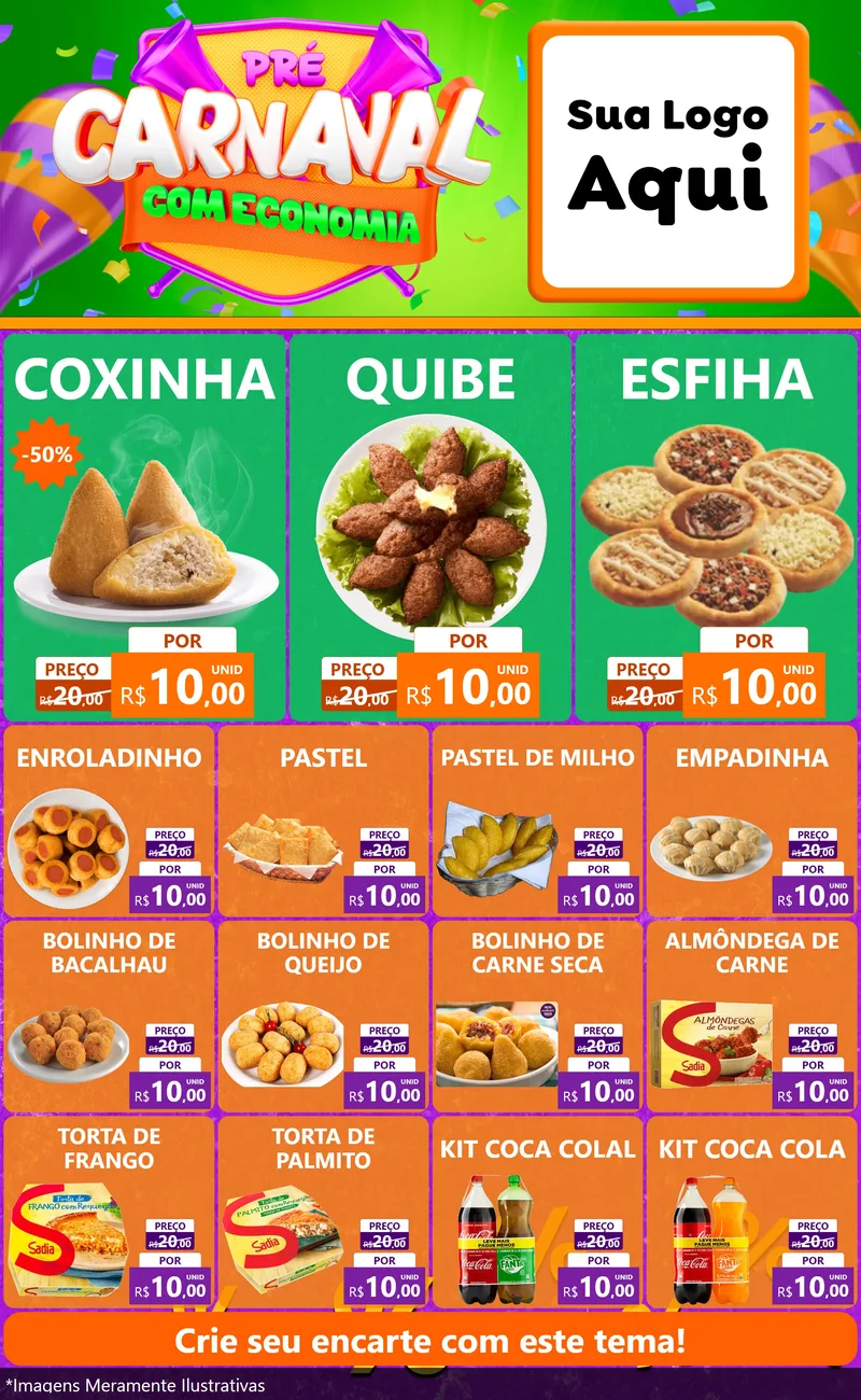 Modelo de Encarte para Encarte Grande com o tema Pré-Carnaval Com Economia para Salgadaria