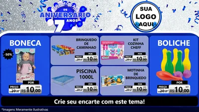 Modelo de TV para TV Horizontal com o tema Promoção de Aniversário - 7 Anos para Brinquedos