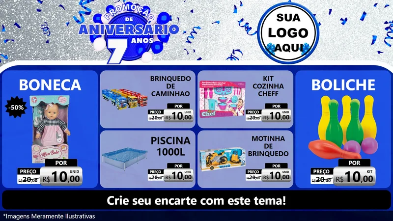 Modelo de TV para TV Horizontal com o tema Promoção de Aniversário - 7 Anos para Brinquedos