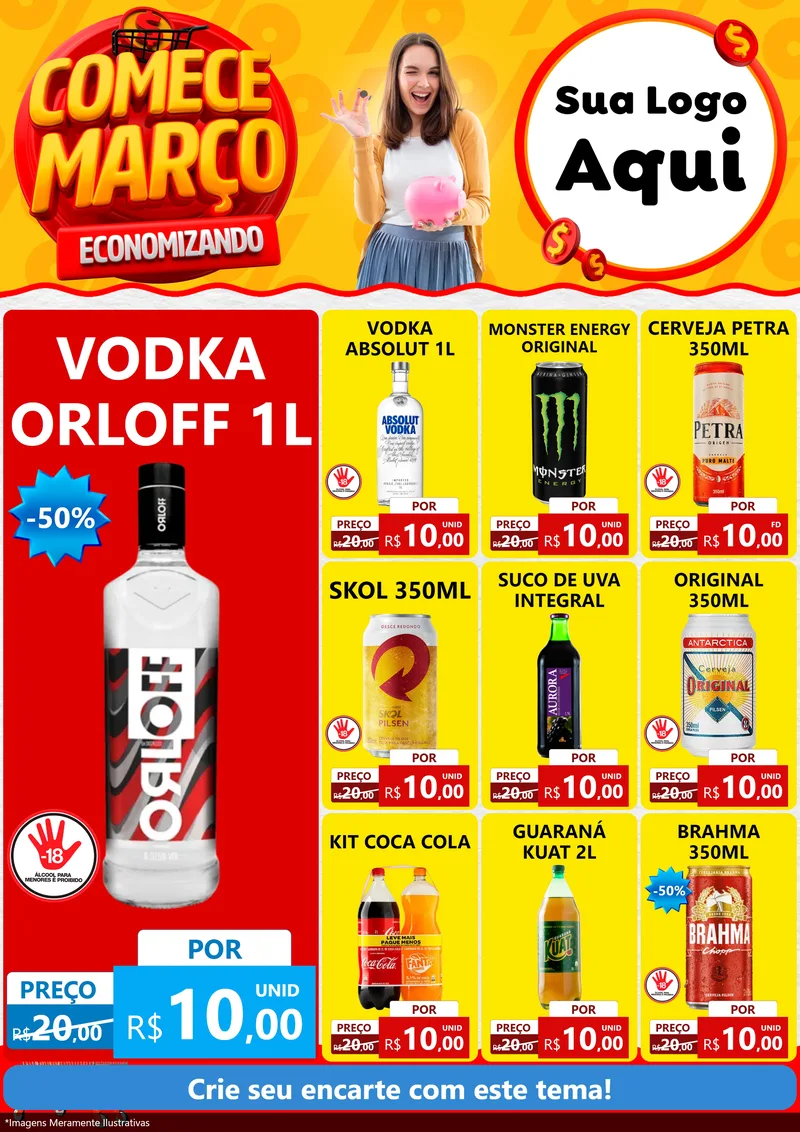 Modelo de Encarte para Encarte A4 Vertical com o tema Comece Março Economizando para Distribuidora de bebidas
