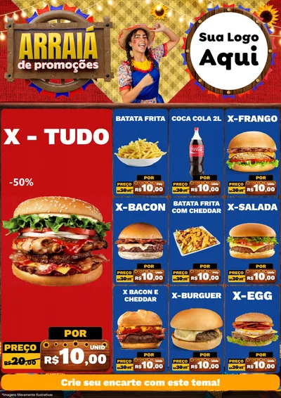 Modelo de Encarte para Encarte A4 Vertical com o tema Arraiá de Promoções para Hamburgueria