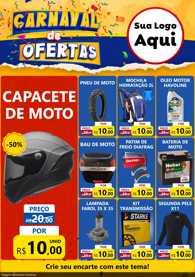 Modelo de Encarte para Encarte A4 Vertical com o tema Carnaval de Ofertas para Moto peças