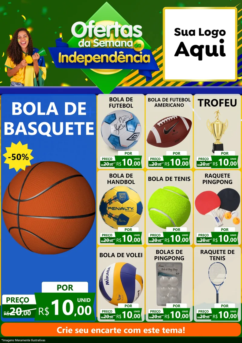 Modelo de Encarte para Encarte A4 Vertical com o tema Ofertas da Semana da Independência para Artigos Esportivos