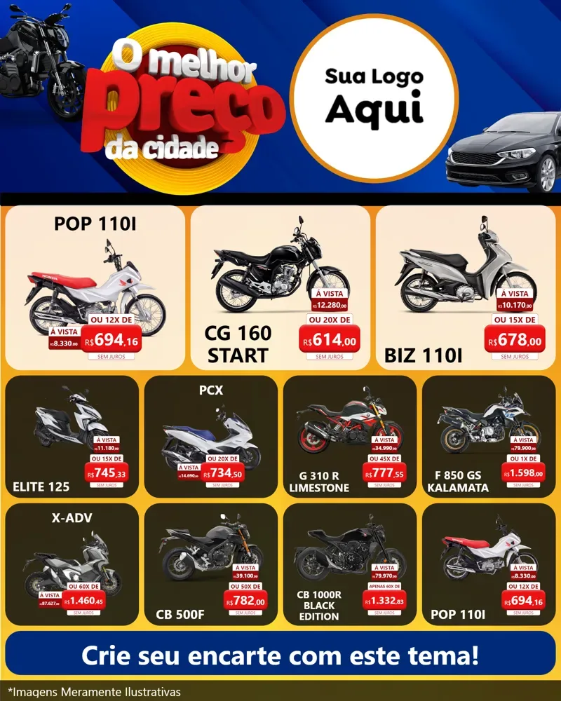 Modelo de Rede Social para Feed Instagram com o tema O Melhor Preço da Cidade - Auto e Motopeças para Concessionaria de Motos