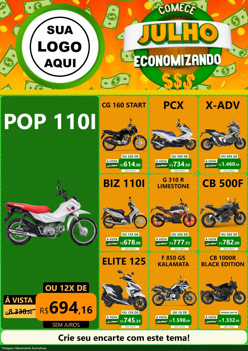 Modelo de Encarte para Encarte A4 Vertical com o tema Comece Julho Economizando para Concessionaria de Motos