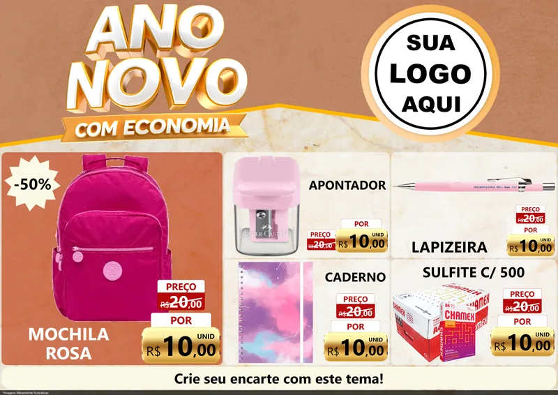 Modelo de Encarte para Encarte A4 Horizontal com o tema Ano Novo Com Economia para Papelaria
