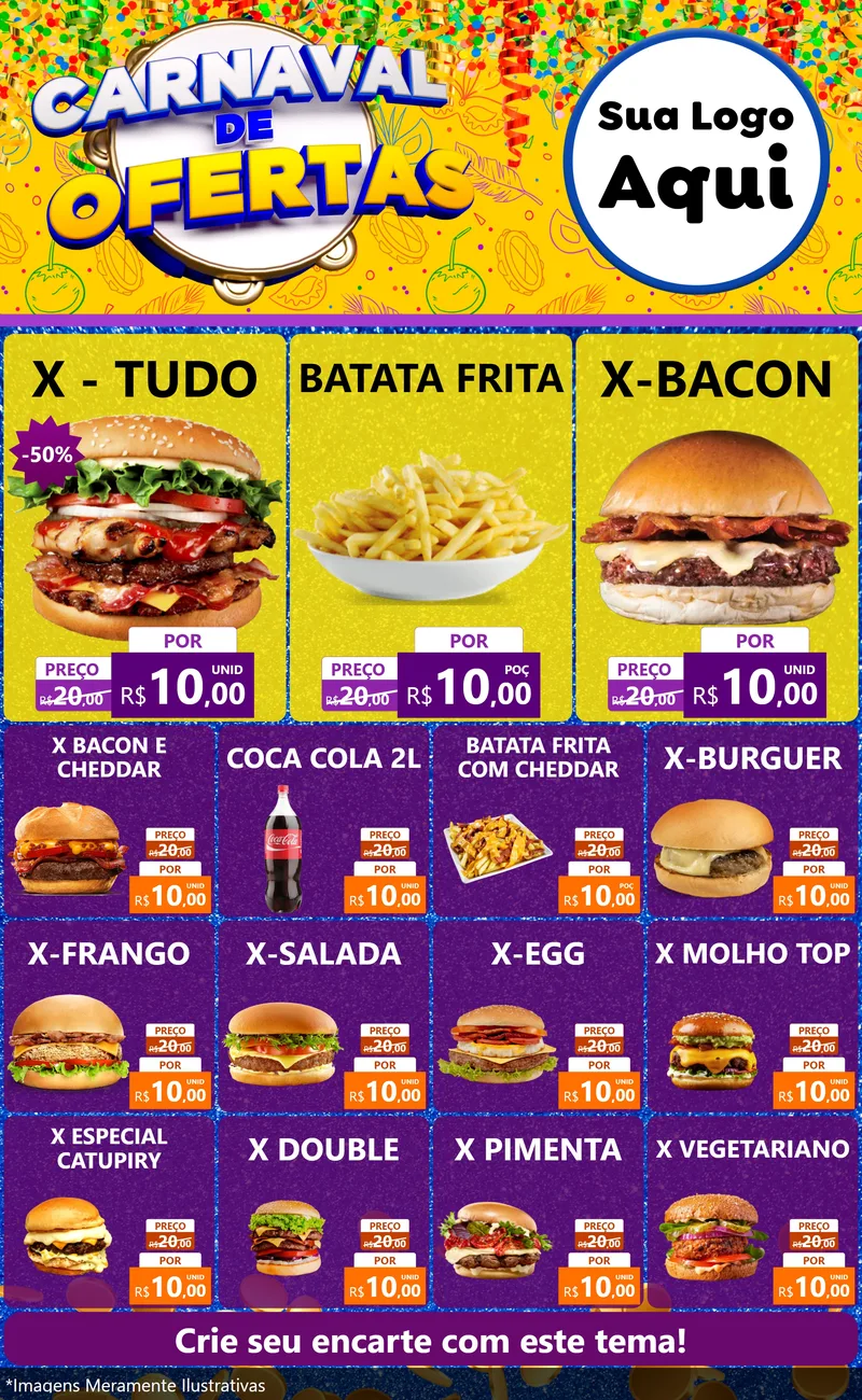 Modelo de Encarte para Encarte Grande com o tema Carnaval de Ofertas para Hamburgueria