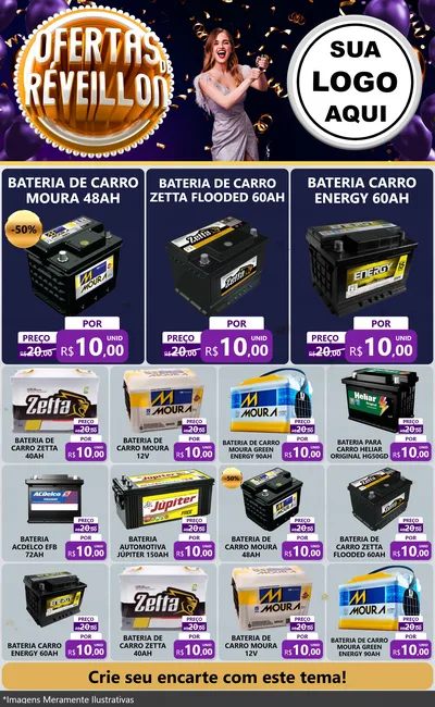 Modelo de Encarte para Encarte Grande com o tema Ofertas de Réveillon para Baterias Elétricas
