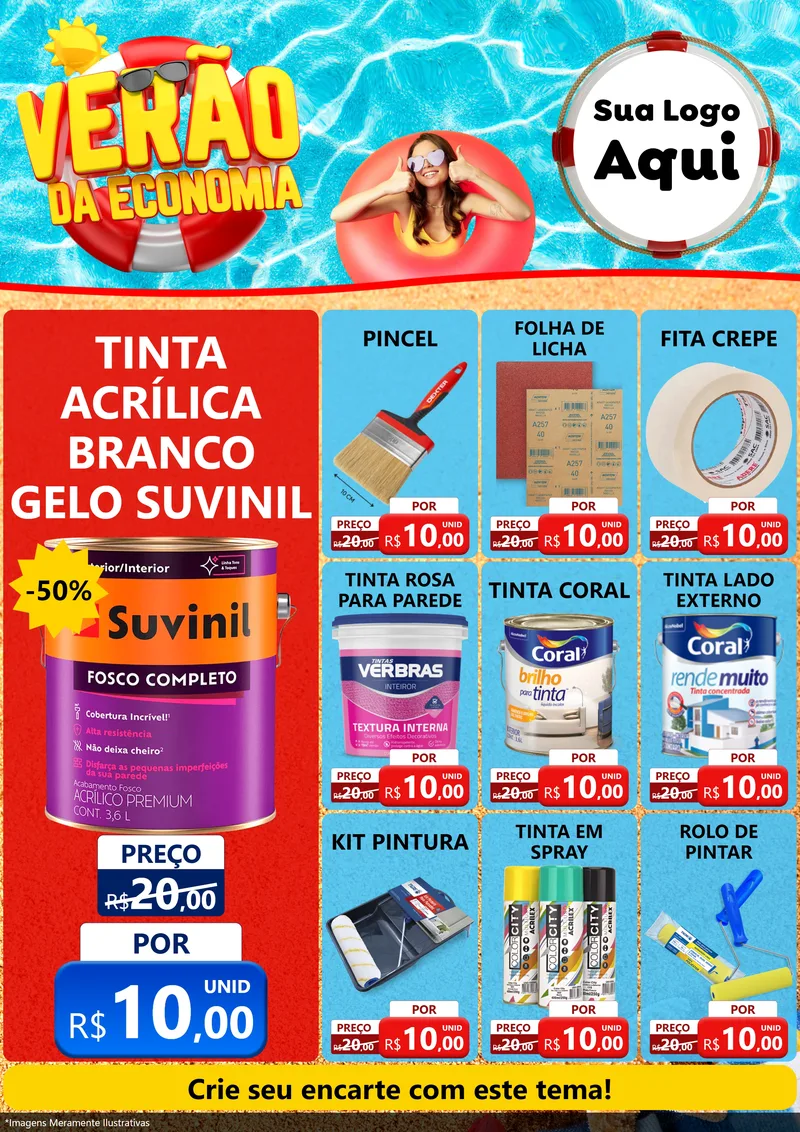 Modelo de Encarte para Encarte A4 Vertical com o tema Verão da Economia para Tintas e Ferramentas