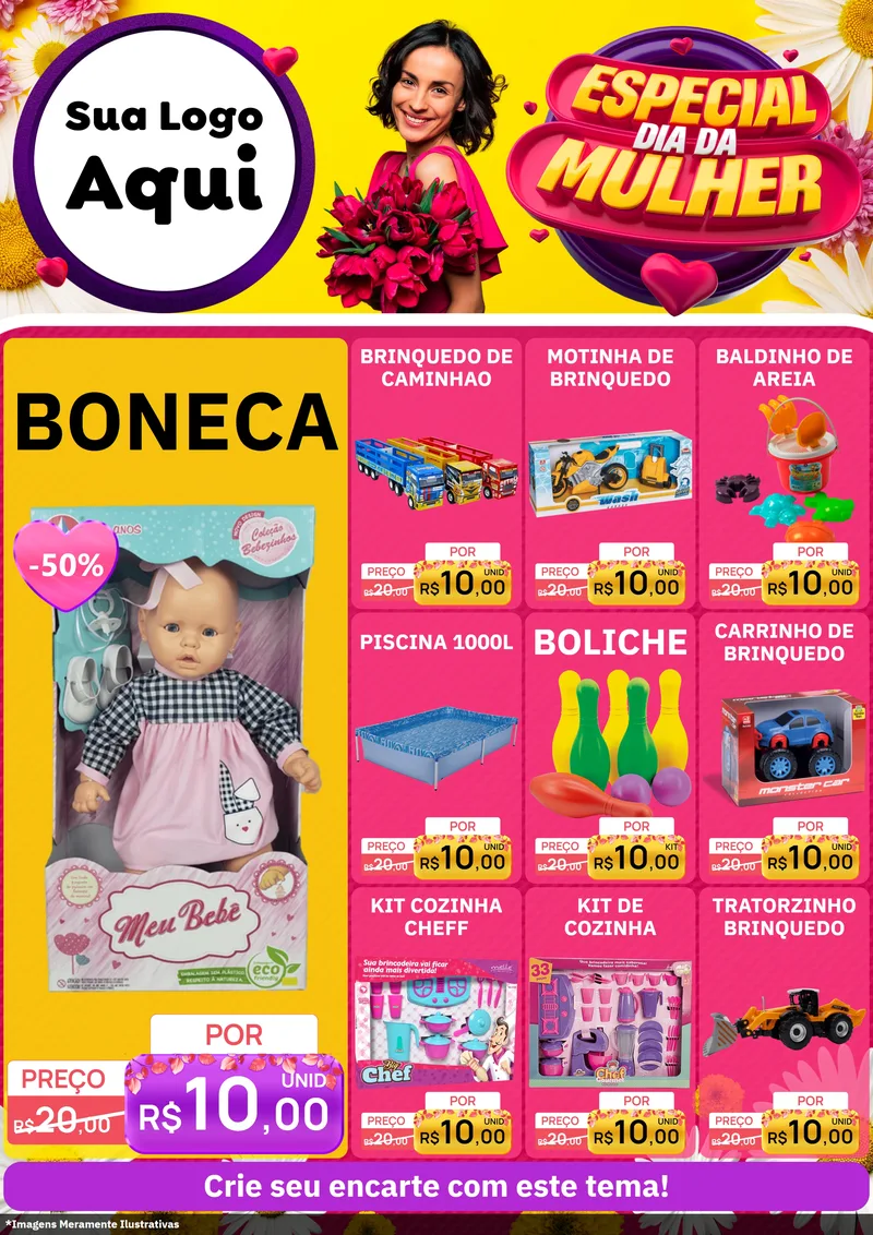Modelo de Encarte para Encarte A4 Vertical com o tema Especial Dia da Mulher para Brinquedos