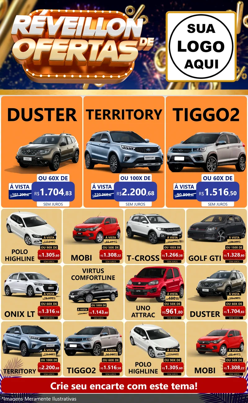 Modelo de Encarte para Encarte Grande com o tema Réveillon de Ofertas para Concessionaria de Carros