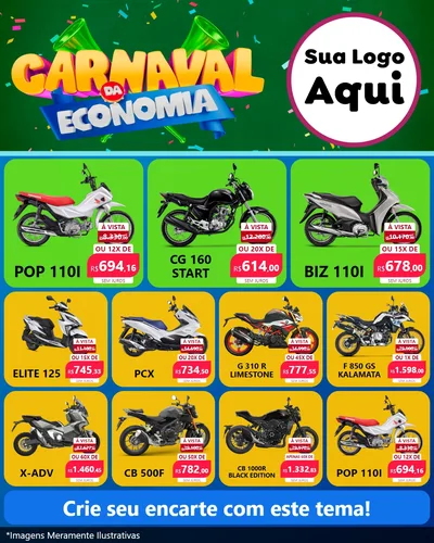 Modelo de Rede Social para Feed Instagram com o tema Carnaval da Economia para Concessionaria de Motos