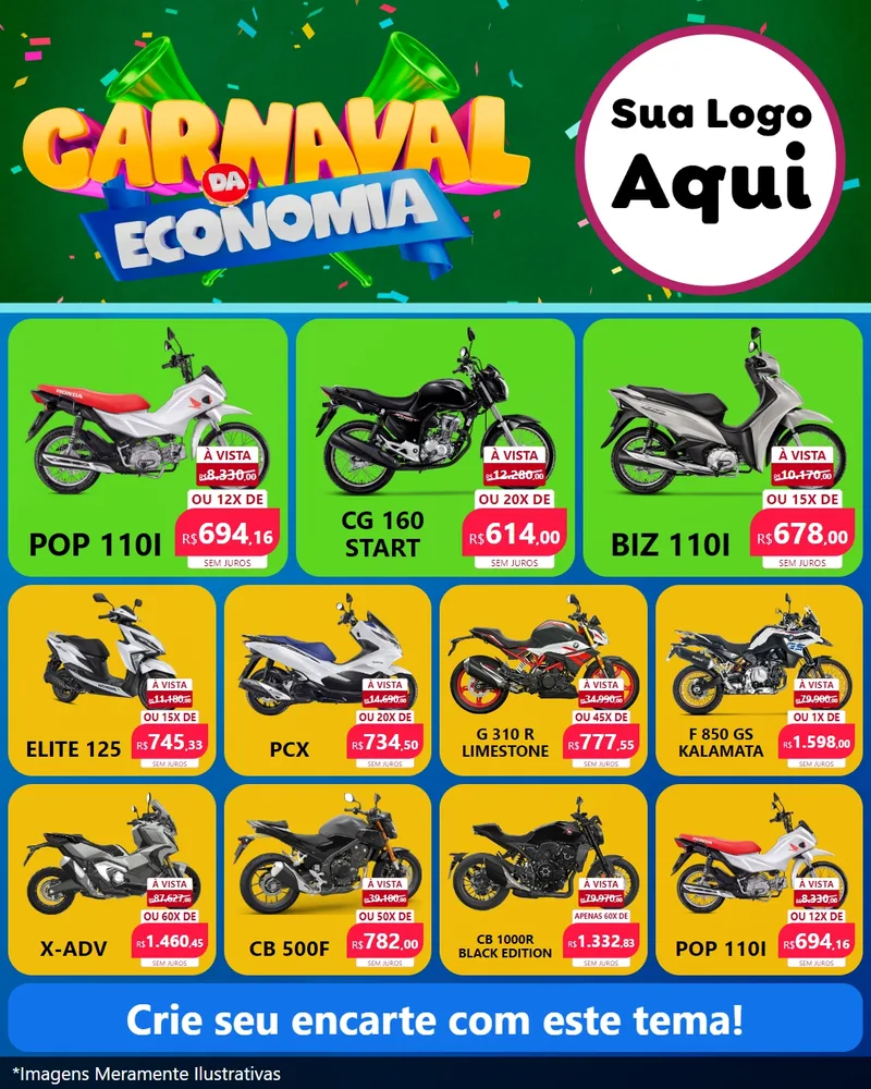 Modelo de Rede Social para Feed Instagram com o tema Carnaval da Economia para Concessionaria de Motos