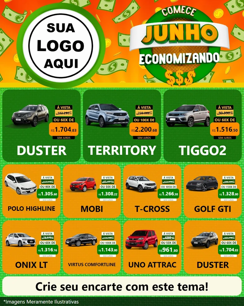 Modelo de Rede Social para Feed Instagram com o tema Comece Junho Economizando para Concessionaria de Carros