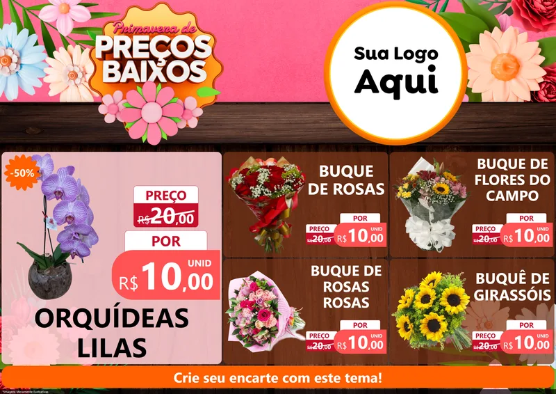 Modelo de Encarte para Encarte A4 Horizontal com o tema Primavera de Preços Baixos para Floricultura e jardim