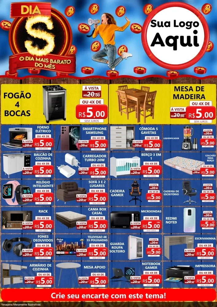 Modelo de Encarte para Encarte A4 Vertical com o tema Dia S - O Dia Mais Barato Do Mês para Móveis e Eletro