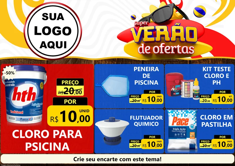 Modelo de Encarte para Encarte A4 Horizontal com o tema Super Verão de Ofertas para Produtos para Piscina