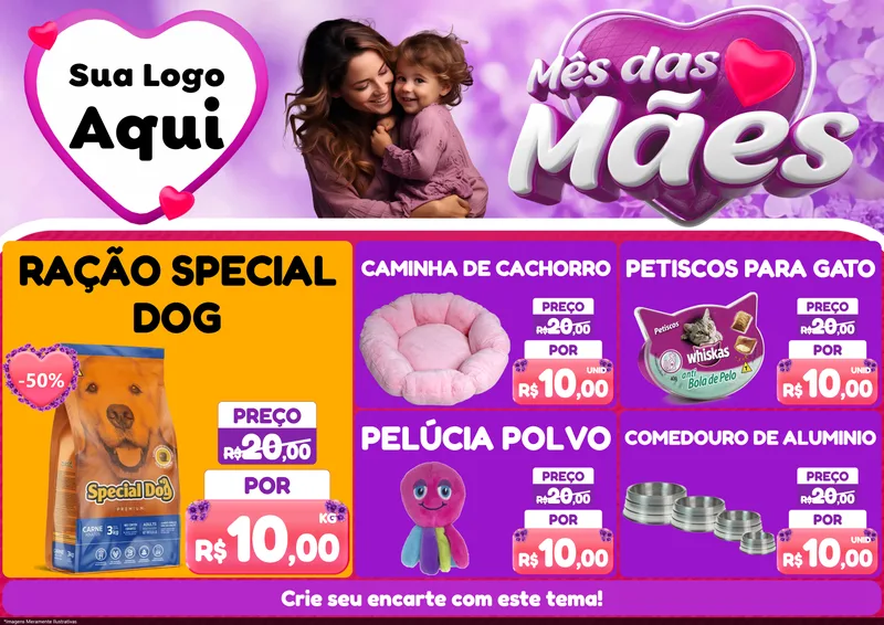 Modelo de Encarte para Encarte A4 Horizontal com o tema Mês das Mães para Pet Shop