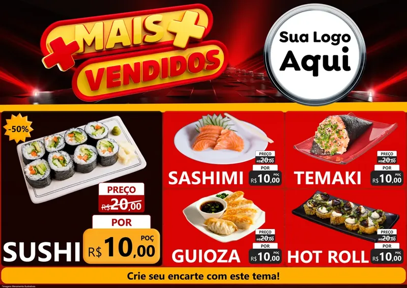 Modelo de Encarte para Encarte A4 Horizontal com o tema Mais Vendidos para Comida japonesa